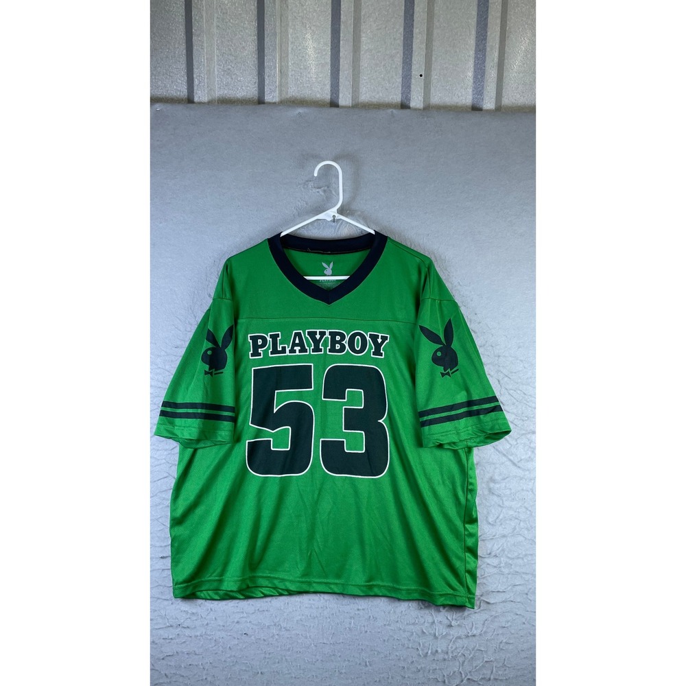 Playboy Football Jersey Mens Medium Green Excellent Mesh V-Neck Number 53 Logo